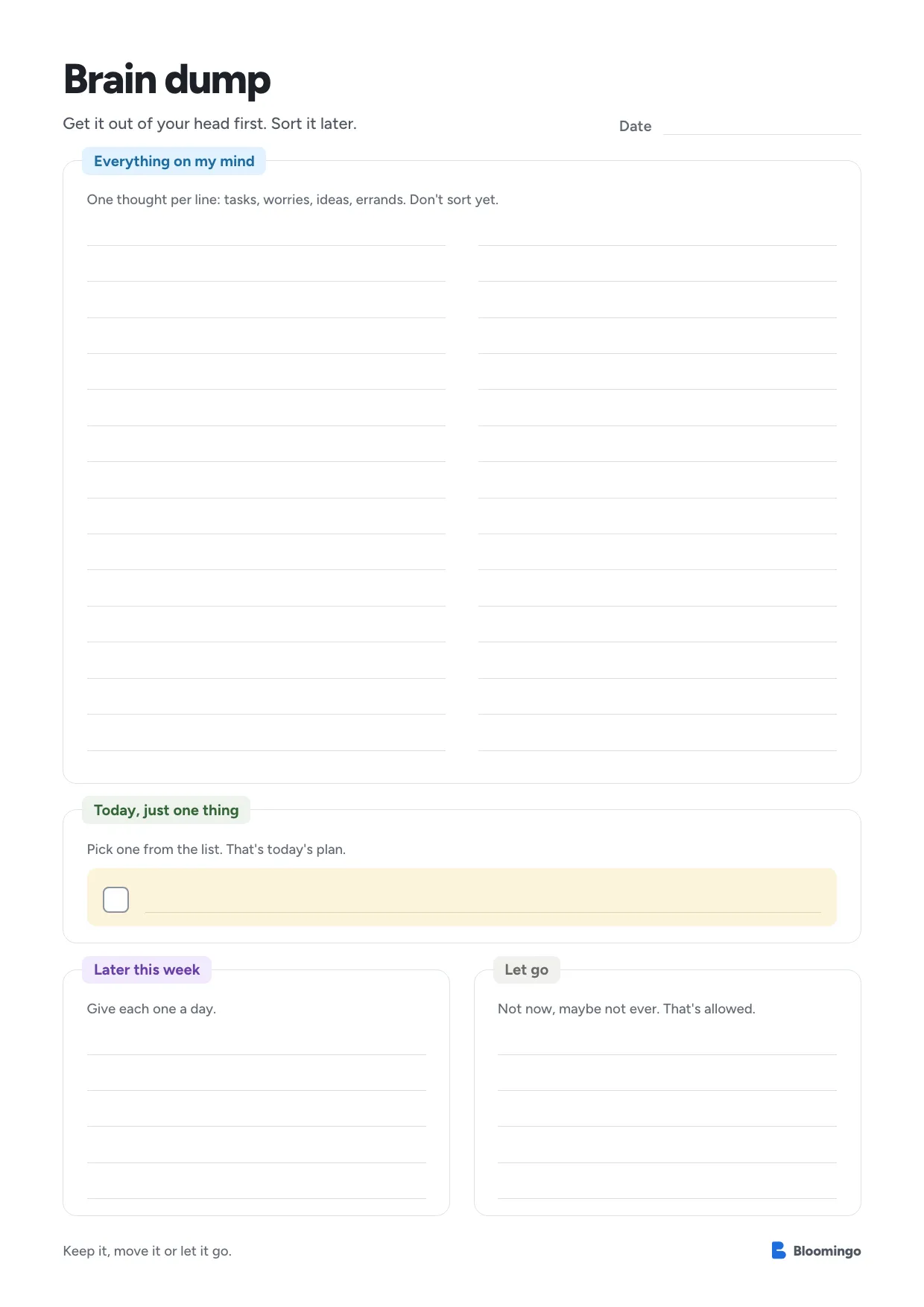 The brain dump template, with sections for everything on your mind, today's one thing, later this week and let go.