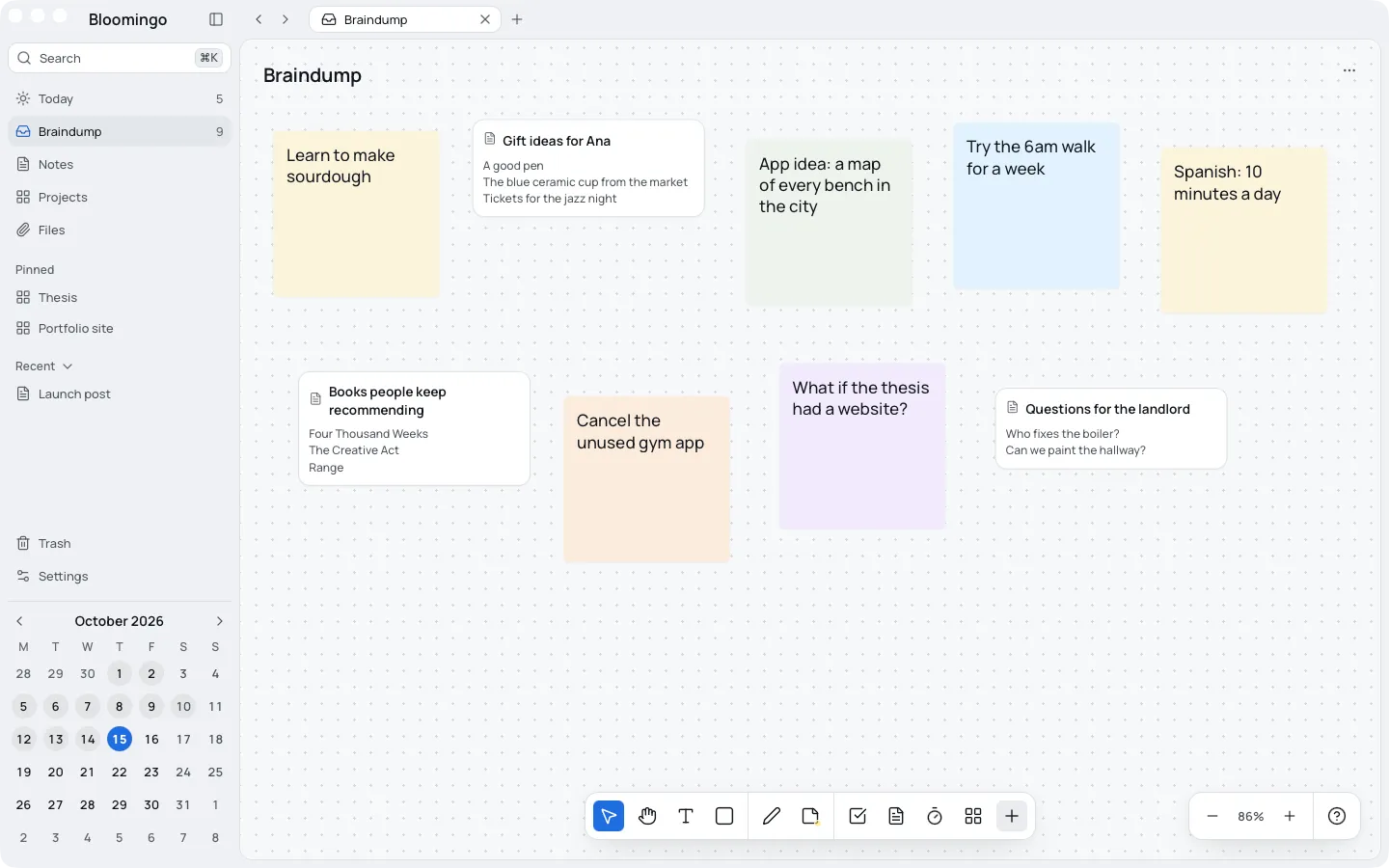 The braindump board with sticky notes and notes: learn to make sourdough, gift ideas for Ana, an app idea, a 6am walk and books people keep recommending.