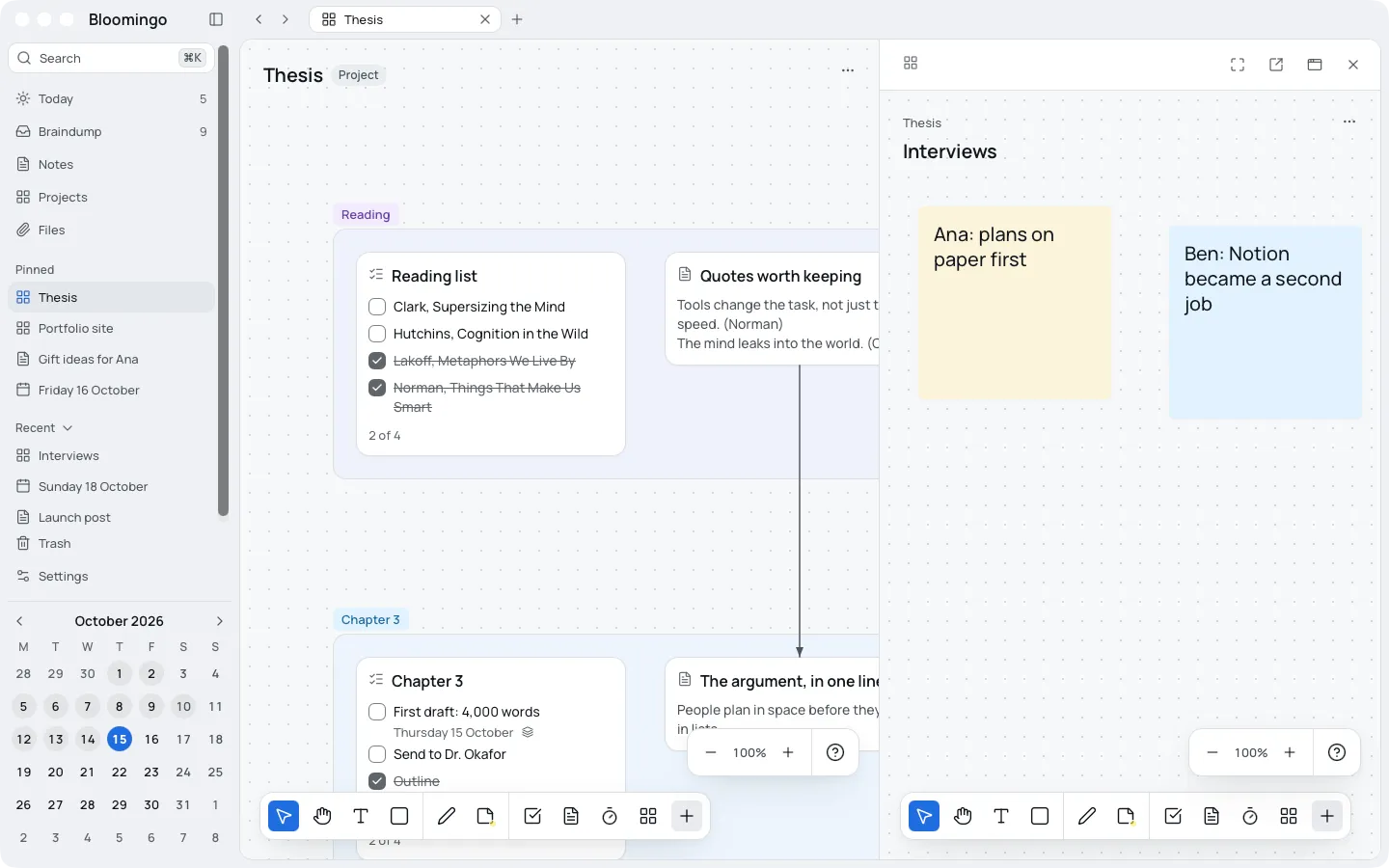 The Thesis project with its board card named Interviews opened in the side panel at the right, where Thesis shows above the name Interviews and the board has its own toolbox and zoom bar.