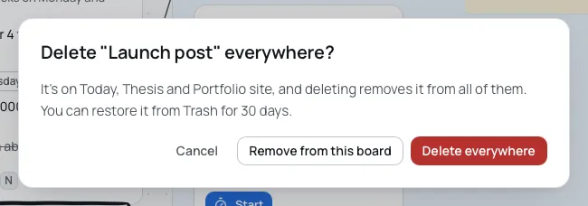 The question Delete “Launch post” everywhere?, saying it is on Today, Thesis and Portfolio site and can be restored from Trash for 30 days, with Cancel, Remove from this board and Delete everywhere.