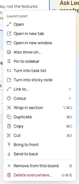 The node menu for a note named Launch post, from Open down to Remove from this board and Delete everywhere.
