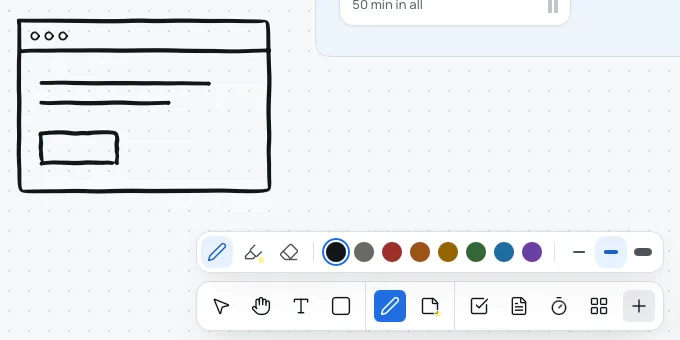 The Drawing bar above the toolbox with the Pen on: the Pen, Highlighter and Eraser, then eight colours with the darkest ringed, then Fine, Medium and Bold. A sketch of a web page is on the board above.
