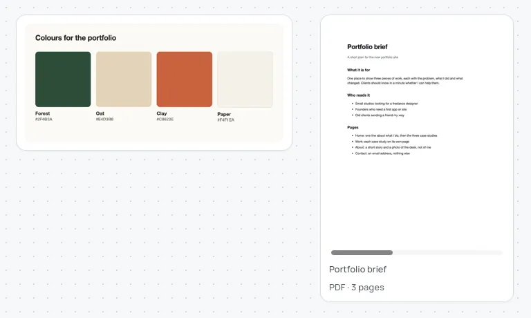 A board with a picture of four colour swatches beside a PDF card showing the first page of Portfolio brief, with PDF · 3 pages in its footer.