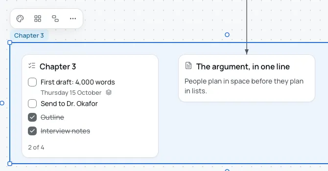 A section named Chapter 3 on the Thesis board, holding a task list and a note, selected, with its actions bar above it: Colour, Turn into a board, Remove section and More.