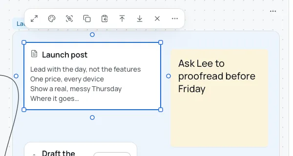 A note named Launch post selected on a board, with its blue frame, corner squares and four link dots, and the actions bar above it.