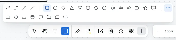 The shapes bar above the toolbox with More shapes open: four connections and fourteen basic shapes on the first row, and eight flowchart shapes on the second.