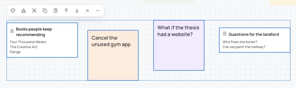Four notes and sticky notes selected on the braindump, out of line with each other, with the actions bar above them and Tidy second in it.