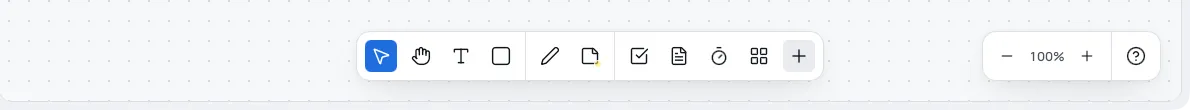 The toolbox at the bottom of a day board: Select, Hand, Text and Shapes and connectors, then the Pen and Sticky note, then Tasks, Add a note, Add a clock, Add a board and Add more. The zoom bar sits to its right.