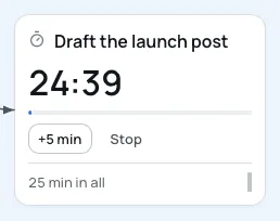A running clock named Draft the launch post, at 24:39.