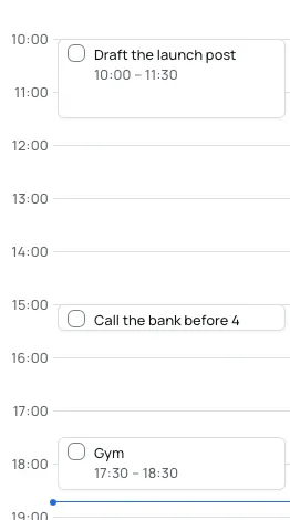 The timeline, with Draft the launch post at 10:00, Call the bank at 15:00 and Gym at 17:30.
