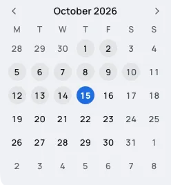 The month at the bottom of the sidebar, October 2026, with today, the 15th, in a filled blue circle and the days that have boards in faint grey circles.
