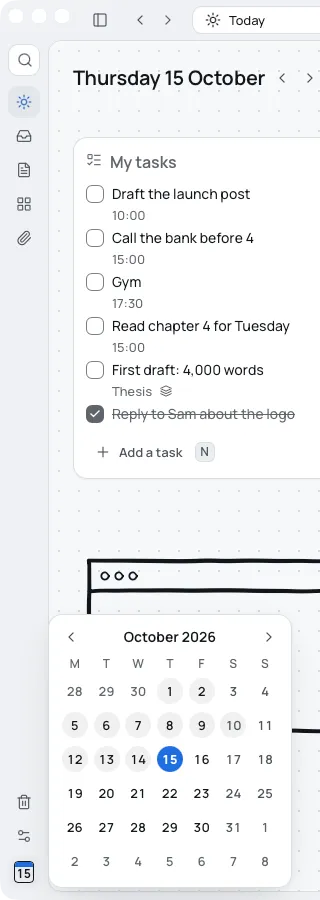 The sidebar collapsed to a rail of icons, with the month open beside the date tile at the bottom.