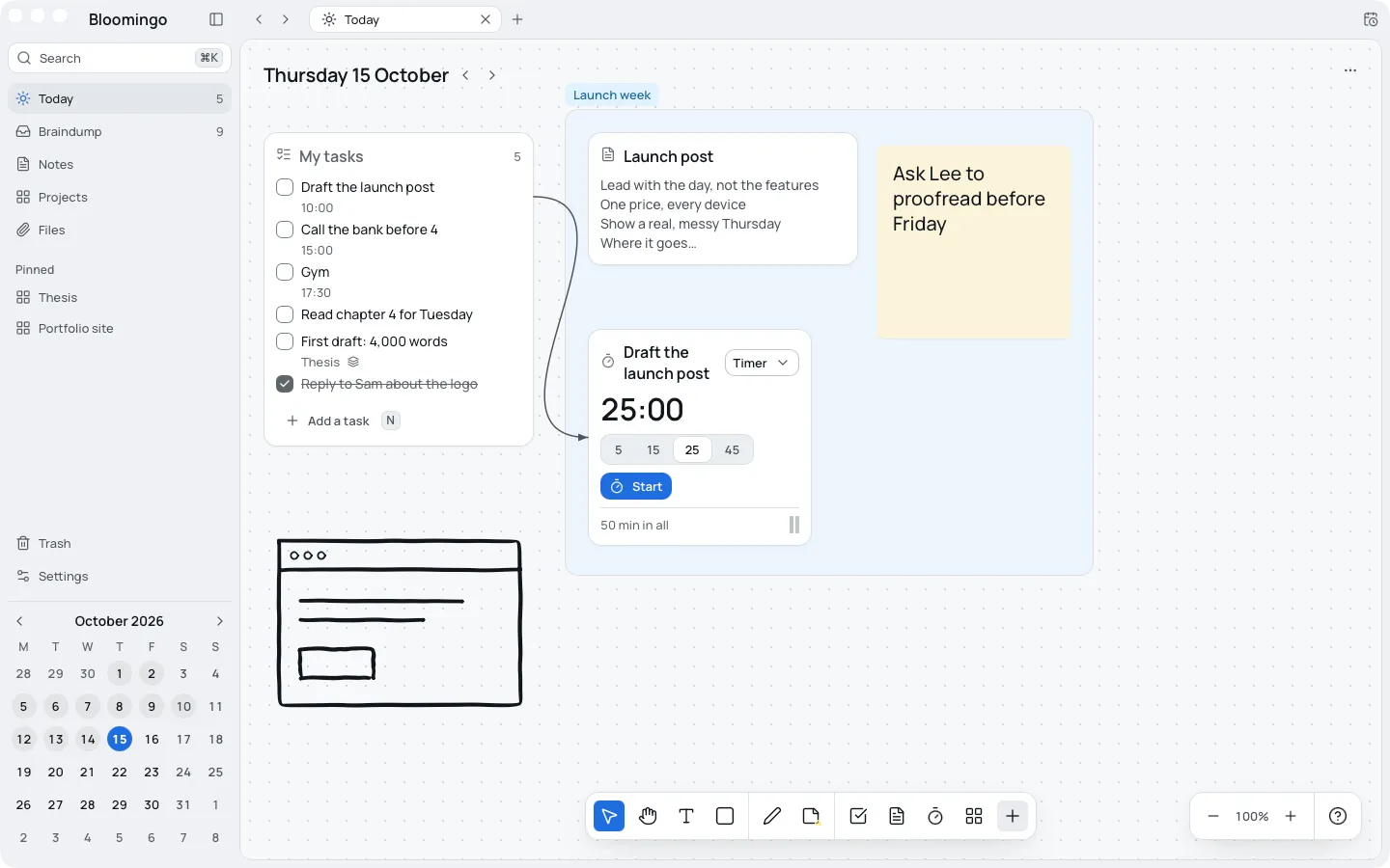 Today's board: the date at the top left, the My tasks list with five tasks, a note, a sticky note and a clock in a section named Launch week, a sketch, and the sidebar with Today selected.