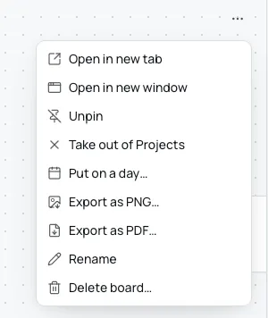 The Board options menu of the Thesis project: Open in new tab, Open in new window, Unpin, Take out of Projects, Put on a day, Export as PNG, Export as PDF, Rename and Delete board.