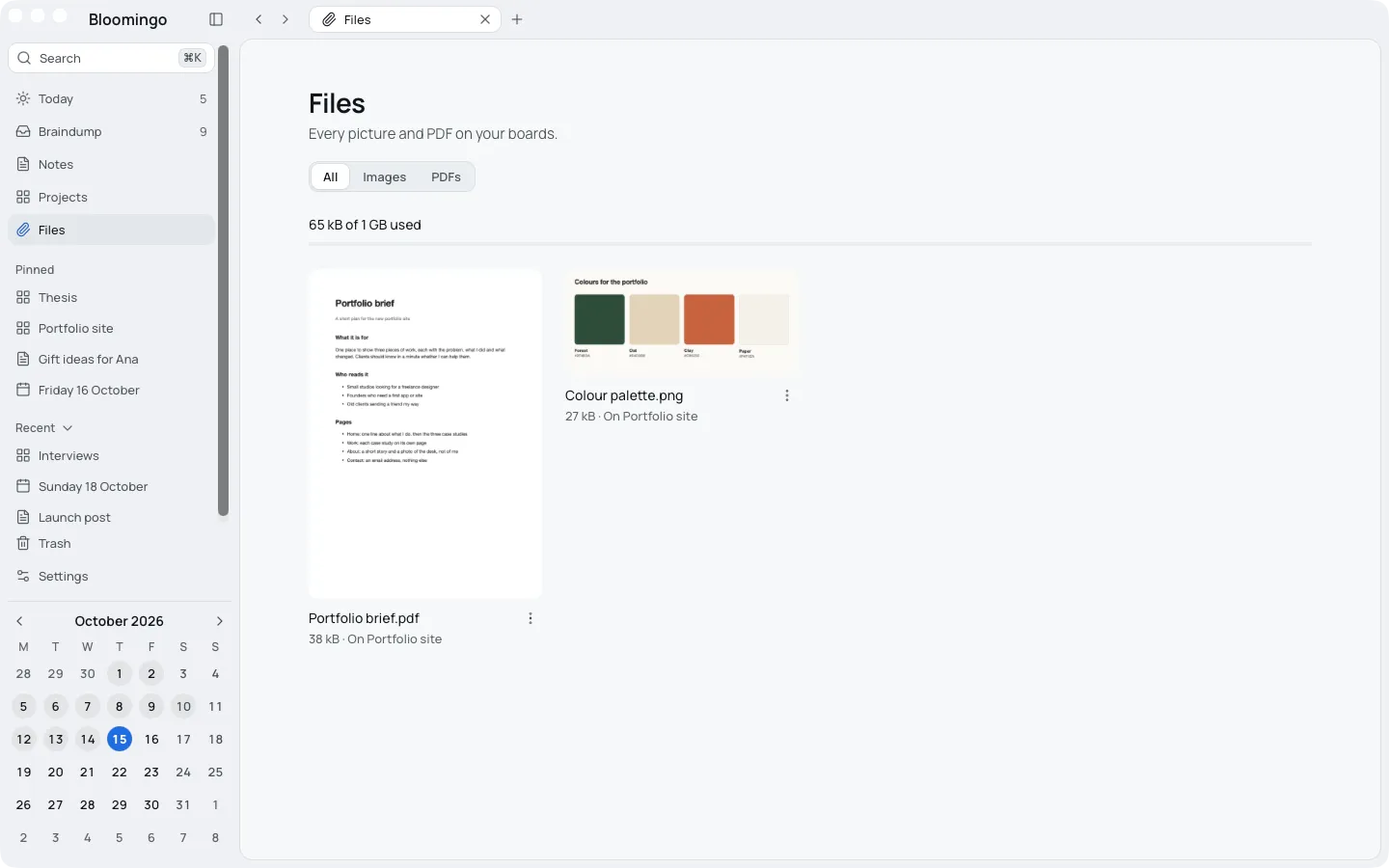 The Files page: the storage line and bar, the All, Images and PDFs switch, and a PDF's first page and a picture, each with its name, size and where it lives.