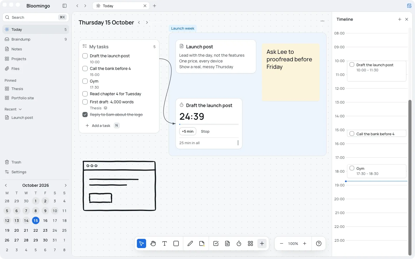 Bloomingo on a Mac: Thursday 15 October's board with a task list, a note, a sticky note and a running clock in a section called Launch week, a hand-drawn sketch, and the day's timeline on the right.