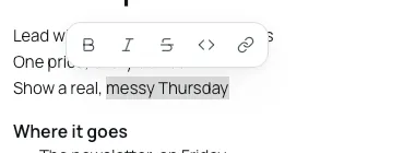 Words selected in a note, with the formatting bar above them: Bold, Italic, Strikethrough, Code and Link.