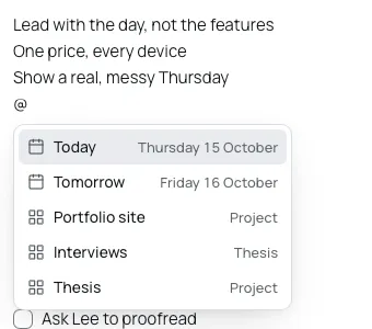 The link menu open under an @ in a note, offering Today, Tomorrow and three boards, each with its date or where it lives.