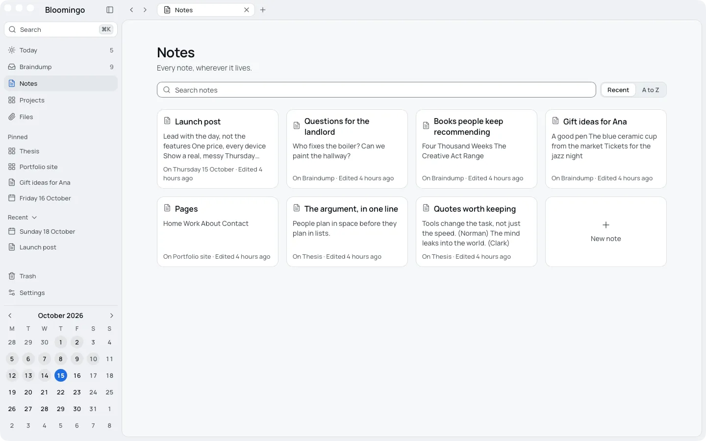 The Notes page: a search field and the Recent or A to Z switch above a grid of note cards, ending with a New note card.
