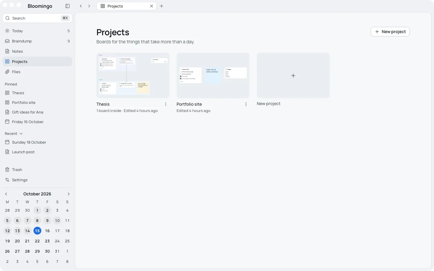 The Projects page: two projects, Thesis and Portfolio site, each a picture of its board with its name and last edit, and a New project tile.