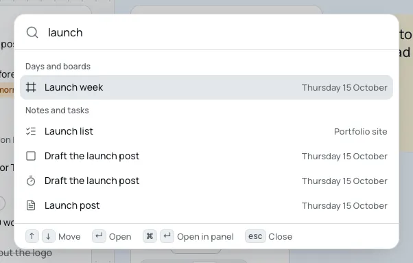 The command menu with “launch” typed, showing a section under Days and boards, then a task list, a task, a clock and a note under Notes and tasks.