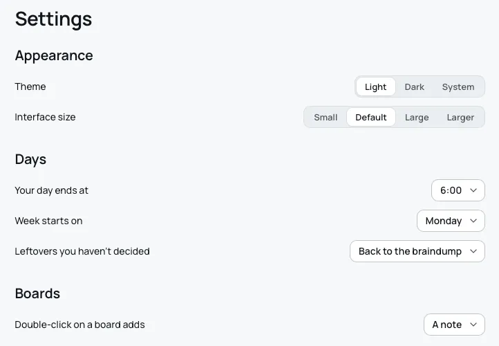 The Settings page from Appearance (Theme and Interface size) through Days (Your day ends at, Week starts on, Leftovers you haven't decided) to Boards (Double-click on a board adds).