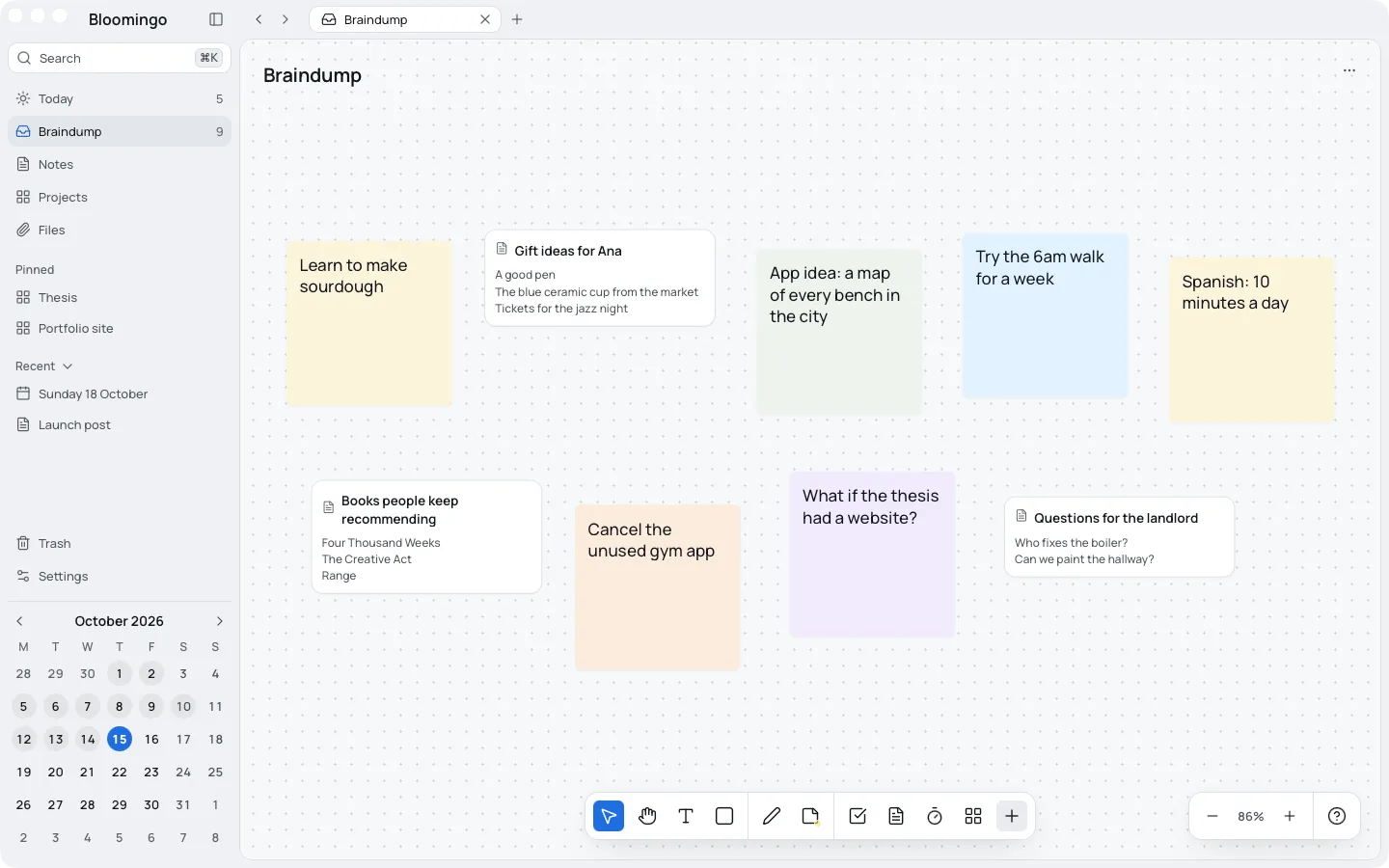The braindump fitted to the window: notes and sticky notes in yellow, green, blue, orange and purple in two loose rows, with Braindump selected in the sidebar and its count beside it.