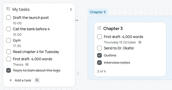 Two lists side by side. Left, today's My tasks, where First draft: 4,000 words is marked Thesis with the layers mark. Right, the Chapter 3 list on the Thesis board, where the same task is marked Thursday 15 October with the same mark.