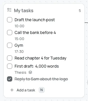 The My tasks list on today's board with six tasks: three with times, one marked Thesis, and one ticked and struck through, with Add a task at its foot.