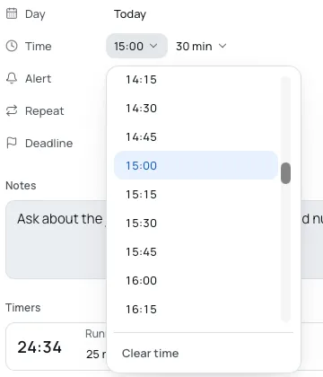 The Time field of a task's side panel, with the list of times open under it at 15:00 and Clear time at its foot.