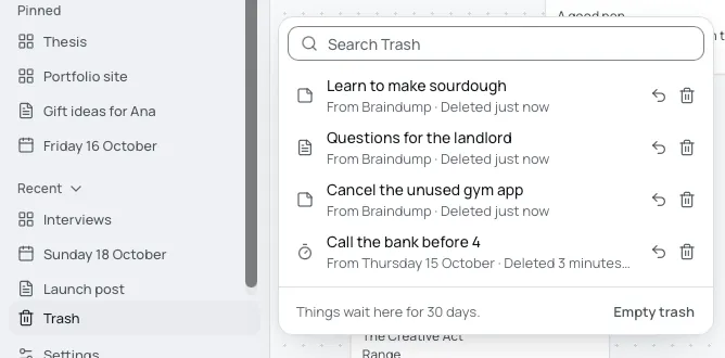 Trash open beside the sidebar: a search field, four deleted things each with where it came from and when, with Restore and Delete forever beside each, and the footer with Empty trash.